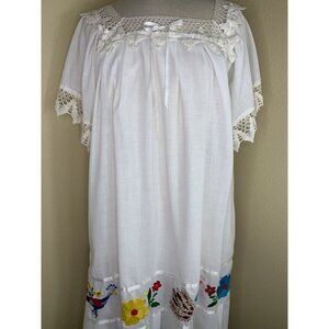 Peasant Dress Sz Large Hand Embroidered Lace White Cotton Boho Peacocks Flowers